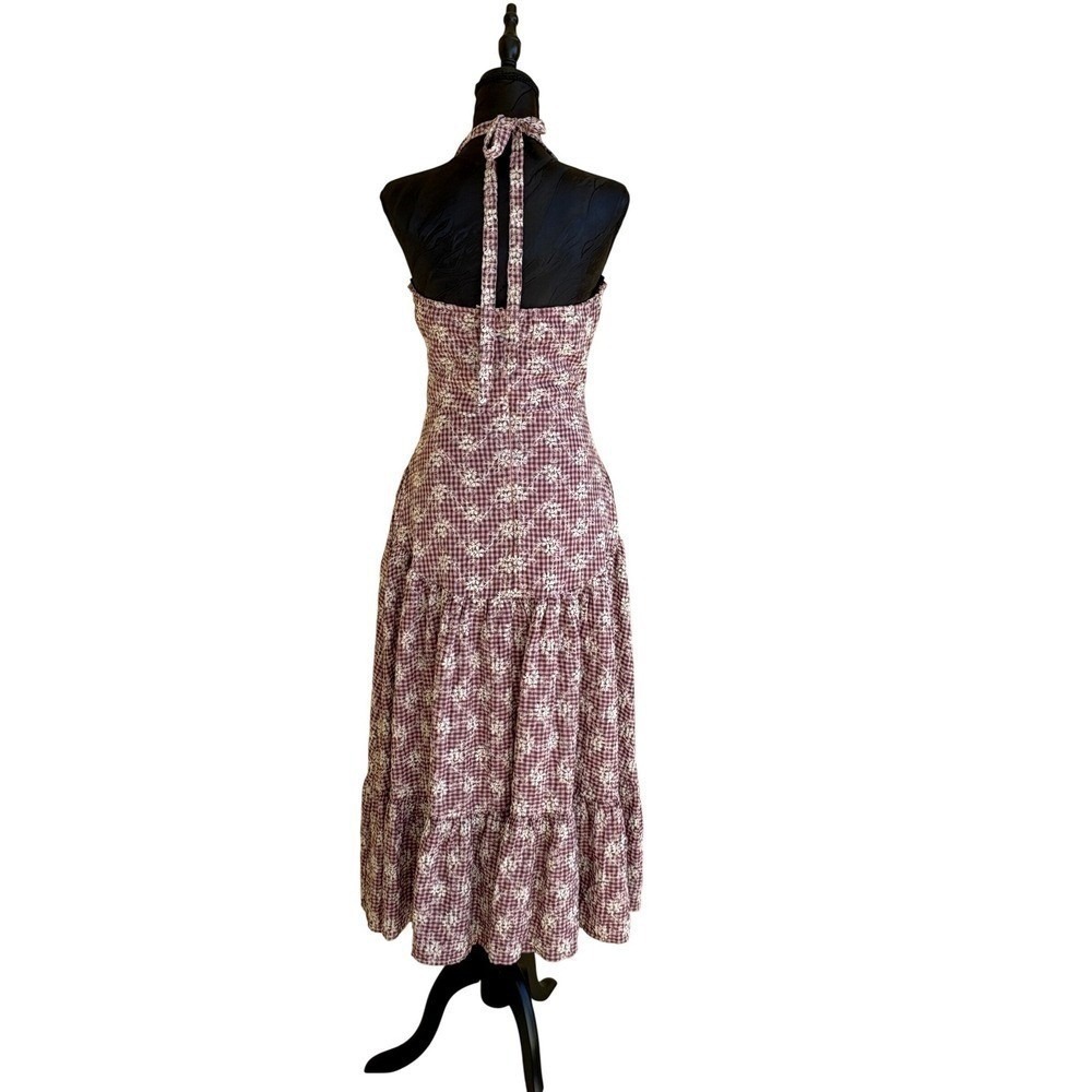 Just Me Gingham Floral Embroidered Halter Midi Dress Women‎ Small Pink